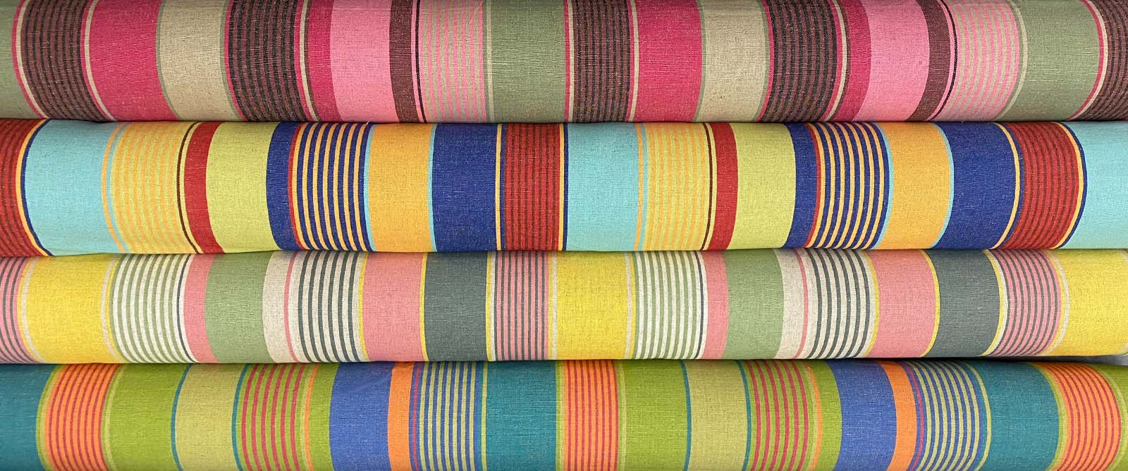 Yellow, Salmon Pink, Sage Green Striped Linen Fabric