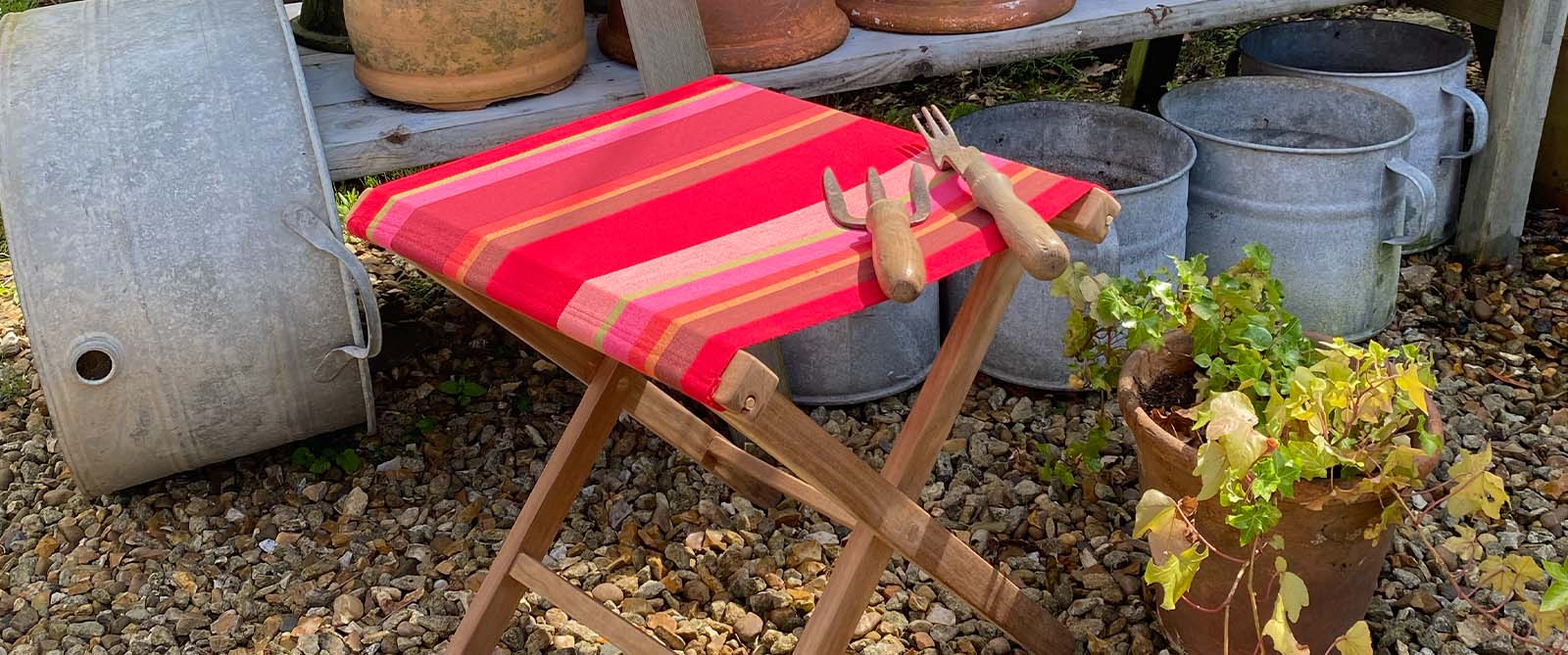 Portable Folding Wooden Stools with Striped Seats 