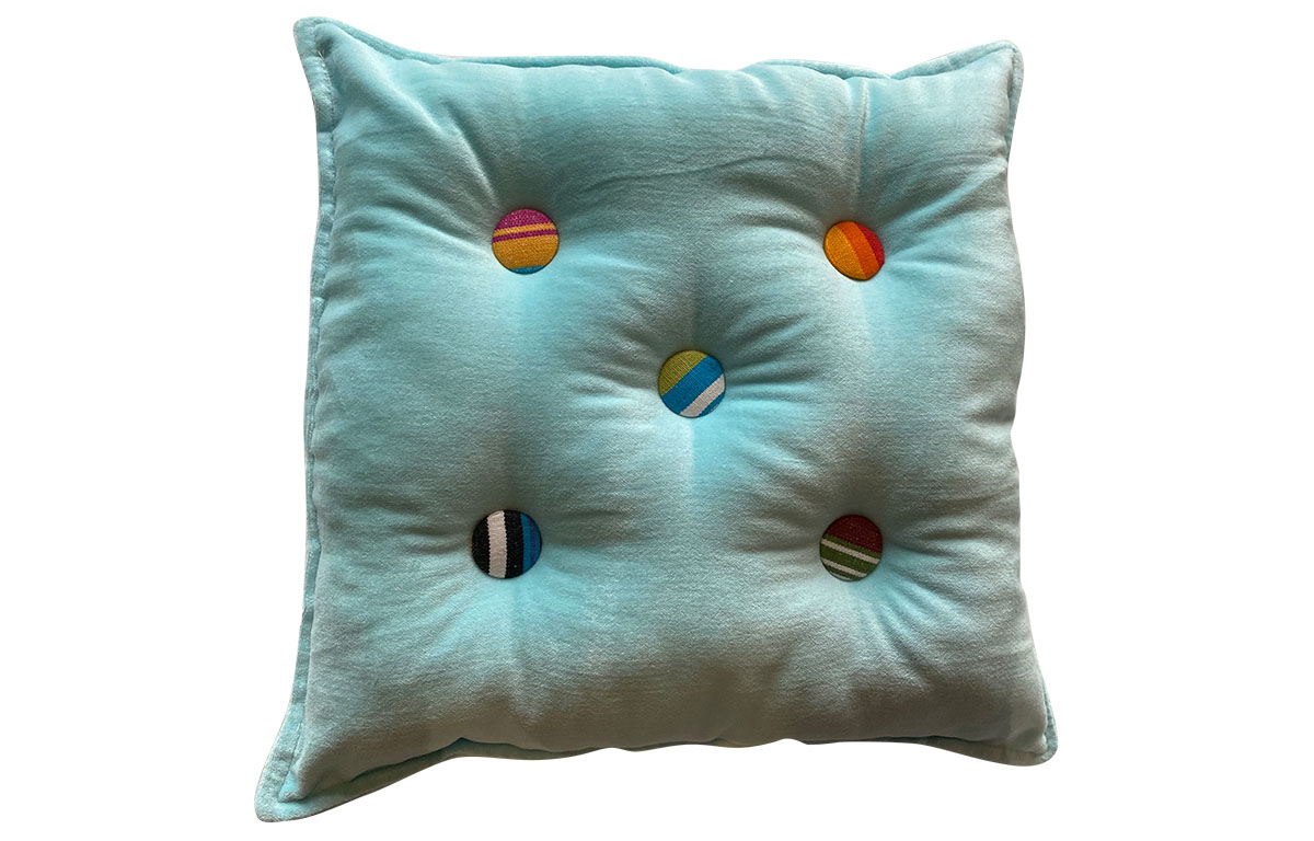 Small Stripe Buttoned Cushions Aqua Velvet