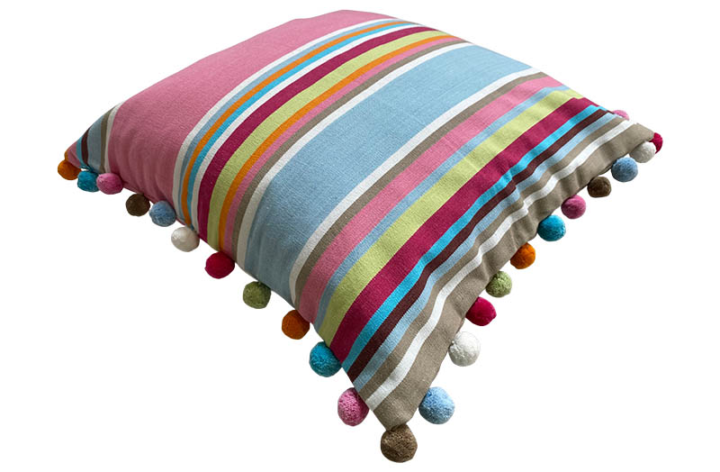 Pink, Beige Grey, Pale Blue Striped Pompom Cushion Covers | The Stripes ...