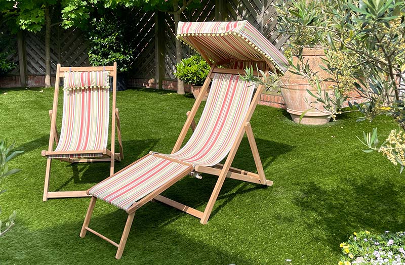 Canopied Edwardian Teak Deckchair with Canopy and Footstool Coral sand cream stripes The Stripes Company UK