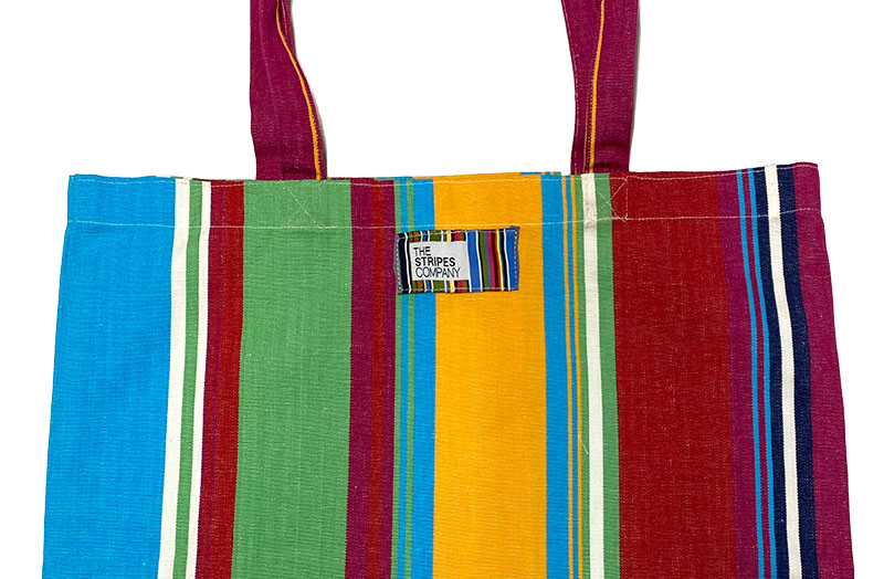 Tote Bags in red, green, yellow, turquoise and dark pink stripes | The ...
